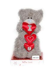 Мишка Tatty Teddy 15см - стоит с тремя сердцами I ?U (на подставке)