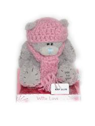 Мишка Tatty Teddy 7,5см - в вязаной шапочке и шарфике (на подставке) With Love